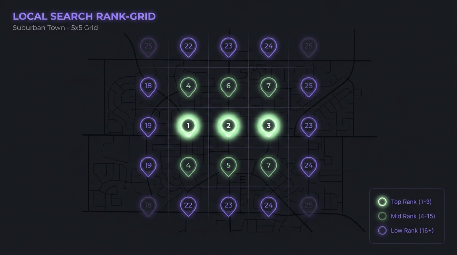 A rank grid over a Denver metro map showing map pack positions